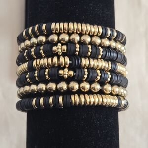 Black and Gold Beaded Stretch Bracelet Set